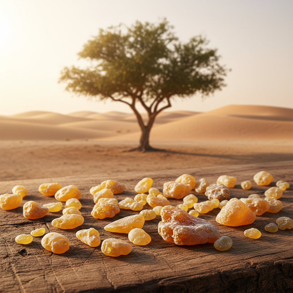 Golden frankincense resin tears on aged wood with a Boswellia tree in the Omani desert
